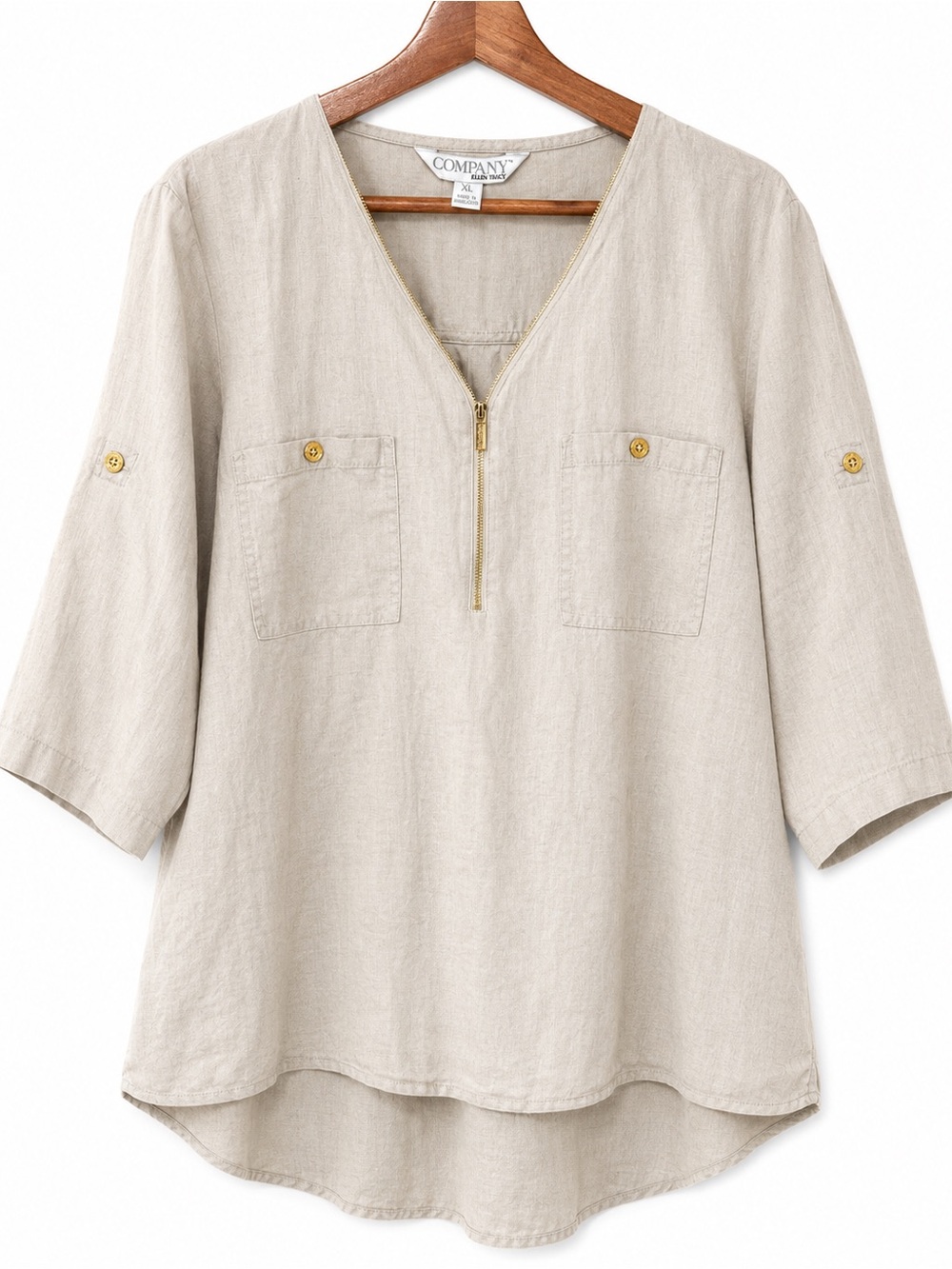Company Ellen Tracy 100% Linen Tunic Top Women’s XL Sandstone Beige Zip Front